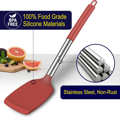 HOTEC Silicone Spatula Set of 2 Heat-Resistant 600°F & BPA-Free Kitchen SaptulaTurner with Stainless Steel Handles, Slotted & Solid Spatulas for Nonstick Cookware, 13.7 Inch, Classic Blue