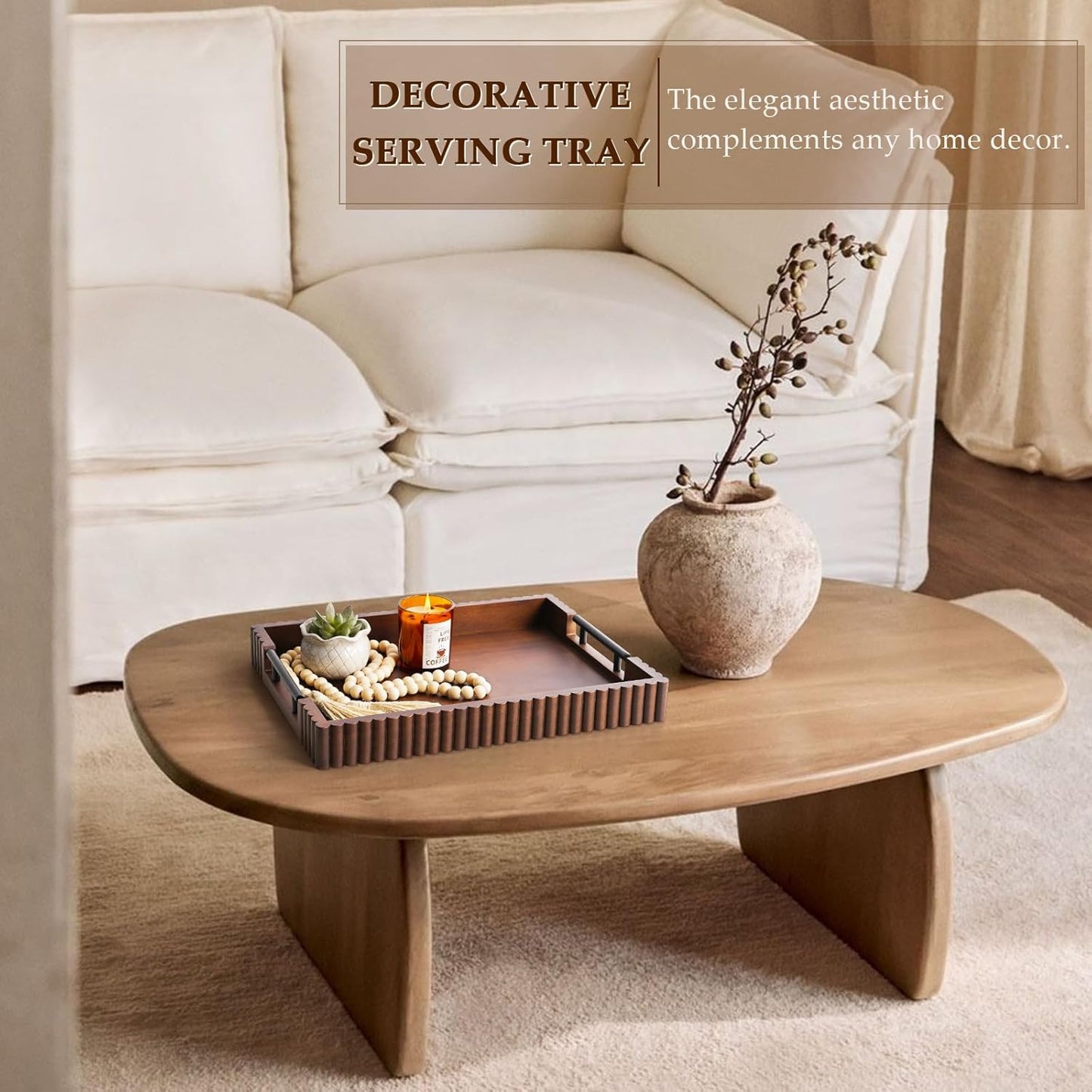 Acacia Wood Decorative Serving Tray with Handles, 16.7" x 12.8" Large Wooden Ottoman Tray for Living Room, Coffee Table Tray Decor for Food, Dinner, Tea or Breakfast in Bed (Natural)