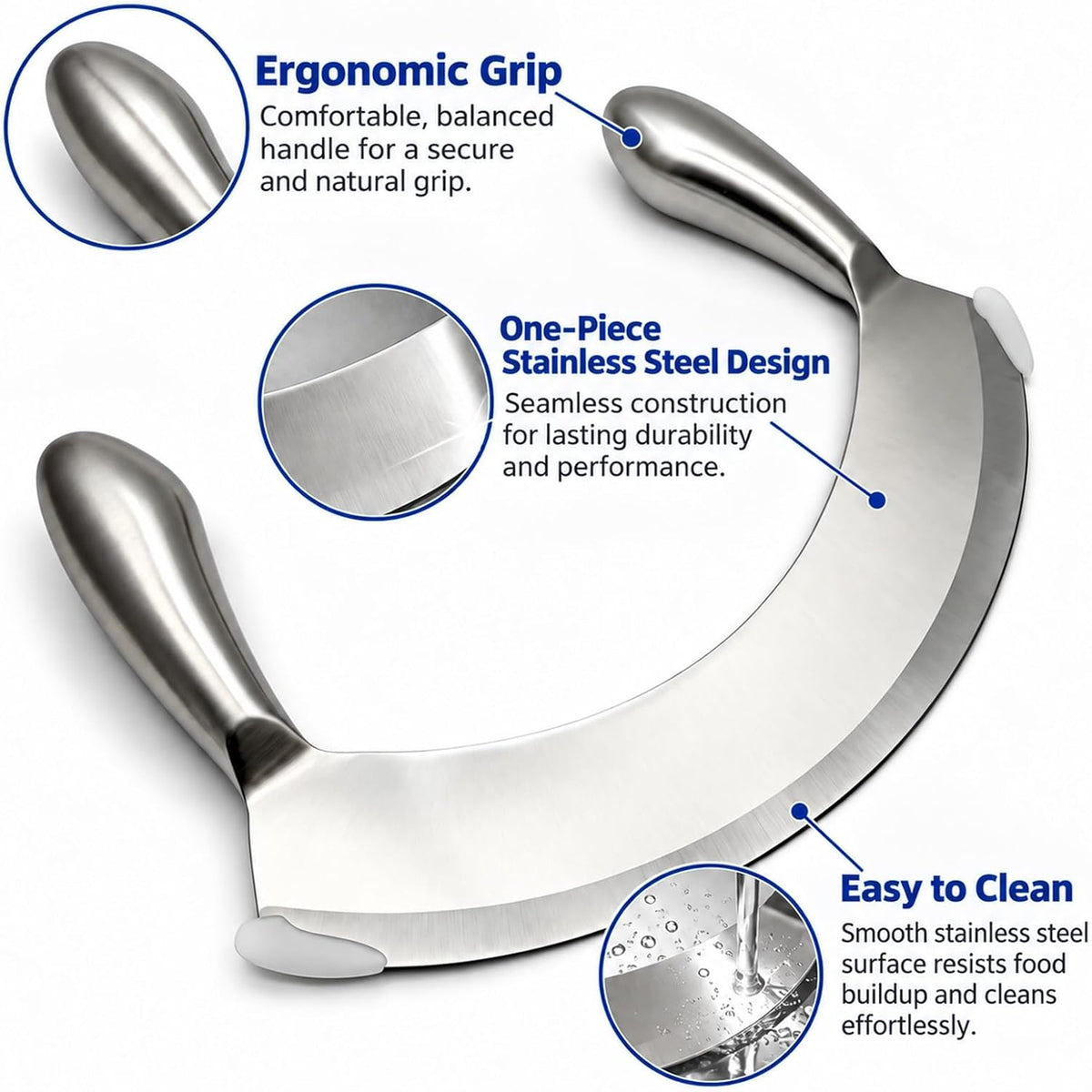 8.7 Inch Stainless Steel Mezzaluna Knife, Double Handle Rocker Pizza Cutter, Sharp Curved Blade Multipurpose Salad Chopper Mincing Knife for Vegetables, Fruits & Herbs
