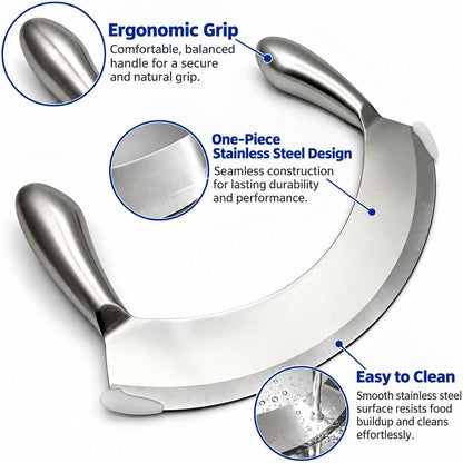 8.7 Inch Stainless Steel Mezzaluna Knife, Double Handle Rocker Pizza Cutter, Sharp Curved Blade Multipurpose Salad Chopper Mincing Knife for Vegetables, Fruits & Herbs