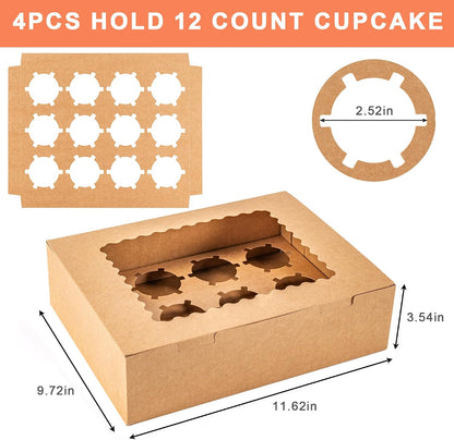 12 Count Cupcake Boxes, 4PCS Cupcake Container with Window, Food Grade Cupcake Holder for Birthday Holiday Party, Bakery Supplies for Cupcakes, Desserts, and More