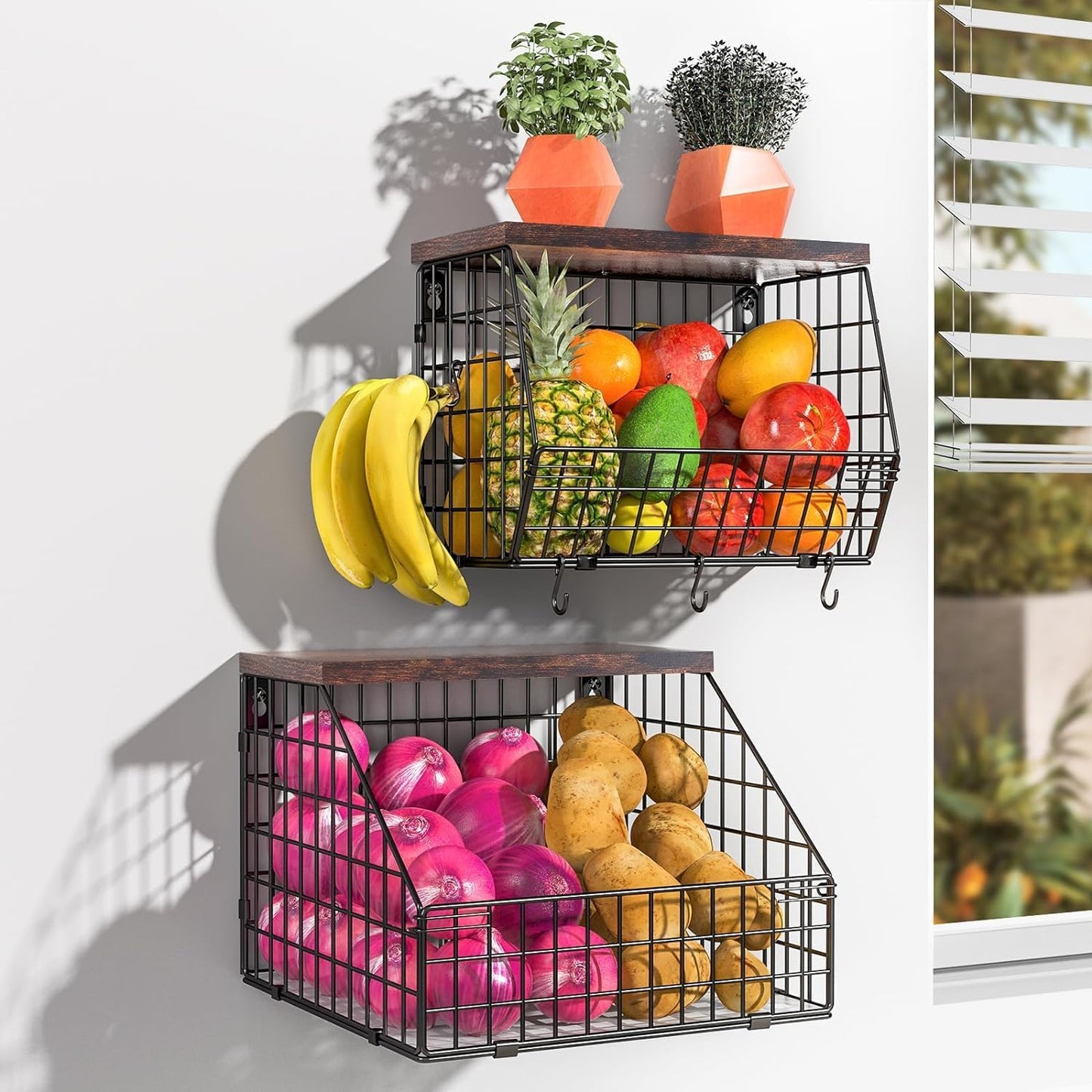 White Fruit Bowl Wire Basket Storage Pantry Fruit and Vegetable Storage Fruit Basket for Kitchen Counter Stackable Wall Mounted Hanging Basket Wire Basket with Wood Lid with Hanger Hooks