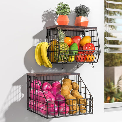 White Fruit Bowl Wire Basket Storage Pantry Fruit and Vegetable Storage Fruit Basket for Kitchen Counter Stackable Wall Mounted Hanging Basket Wire Basket with Wood Lid with Hanger Hooks