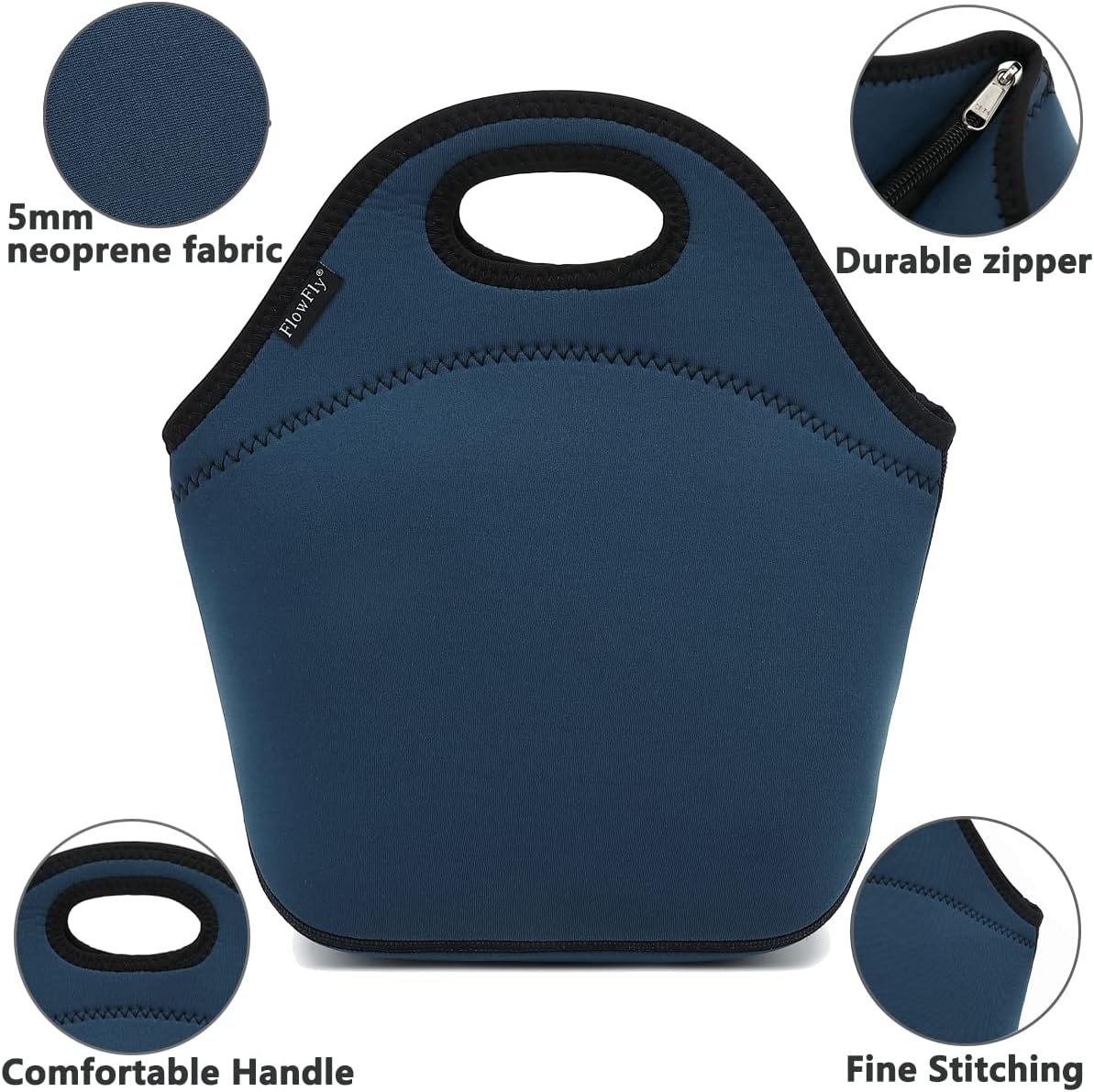 FlowFly Neoprene kids Lunch box Insulated Soft Bag Mini Cooler Thermal Meal Tote Kit for Boys, Girls,Men,Women,School,Work, Office,Black