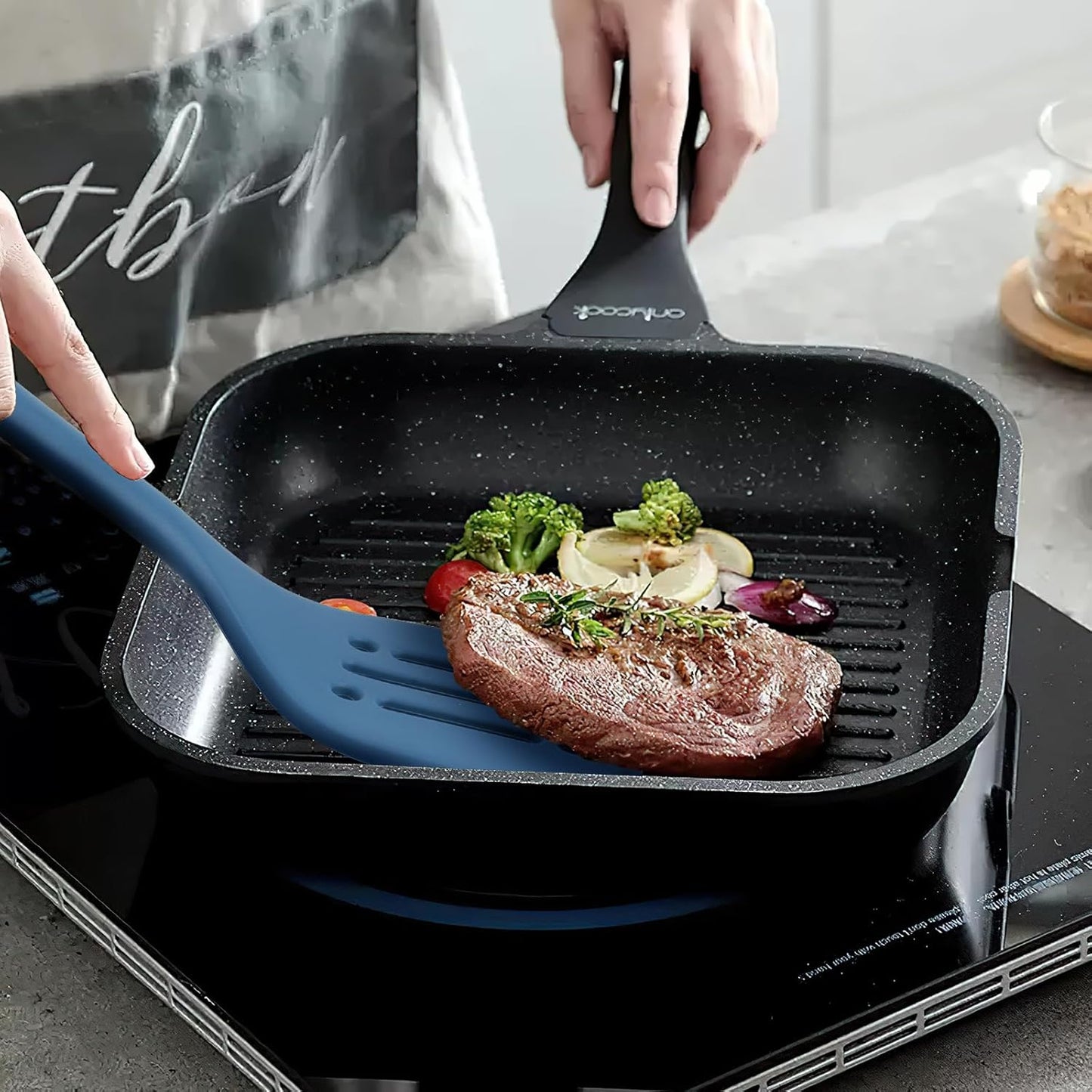 Silicone Kitchen Cooking Utensils Set: MOACC Heat Resistant 13inch Long Kitchen Gadgets, BPA Free Non Stick Rubber Cook Accessories For Food Prep, Frying, Serving, Basting (Light Grey)