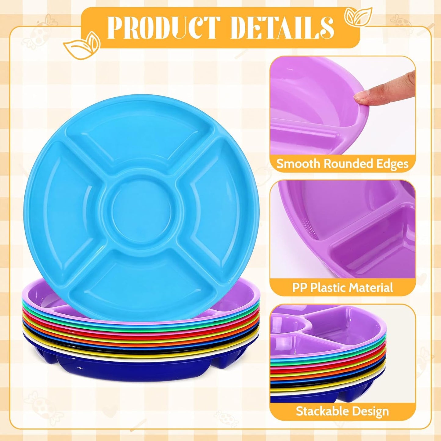 24 Pcs 5 Sectional Plastic Divided Serving Trays Bulk 12 Inch Round Chip and Dip Plates Fruit Veggie Appetizer Platter Snack Tray for Holiday Party Family Gathering(Black)