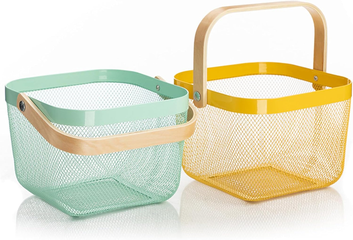 AJIODA Metal Mesh Steel Basket, Storage Organizer Basket Multi-functional Hanging Kitchen Baskets Fruit Basket Bin with Bamboo Handle for Kitchen Bathroom Picnic Shopping Decor Cabinet Home, Blue