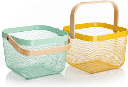 AJIODA Metal Mesh Steel Basket, Storage Organizer Basket Multi-functional Hanging Kitchen Baskets Fruit Basket Bin with Bamboo Handle for Kitchen Bathroom Picnic Shopping Decor Cabinet Home, Blue