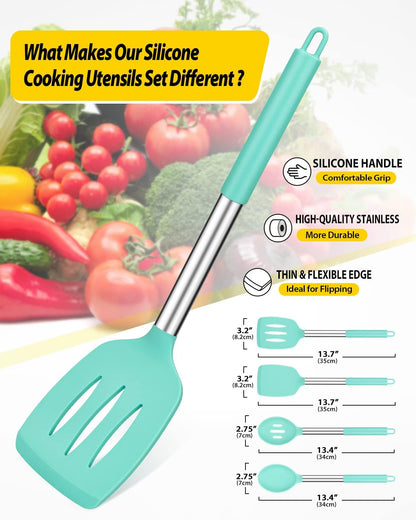 Pack of 4 Silicone Cooking Utensils Set, Non Stick Large Solid Spatulas, Heat Resistant Black Slotted Spoons, Ideal BPA Free Kitchen Turners for Frying, Mixing,Serving,Draining,Turning,Stirring