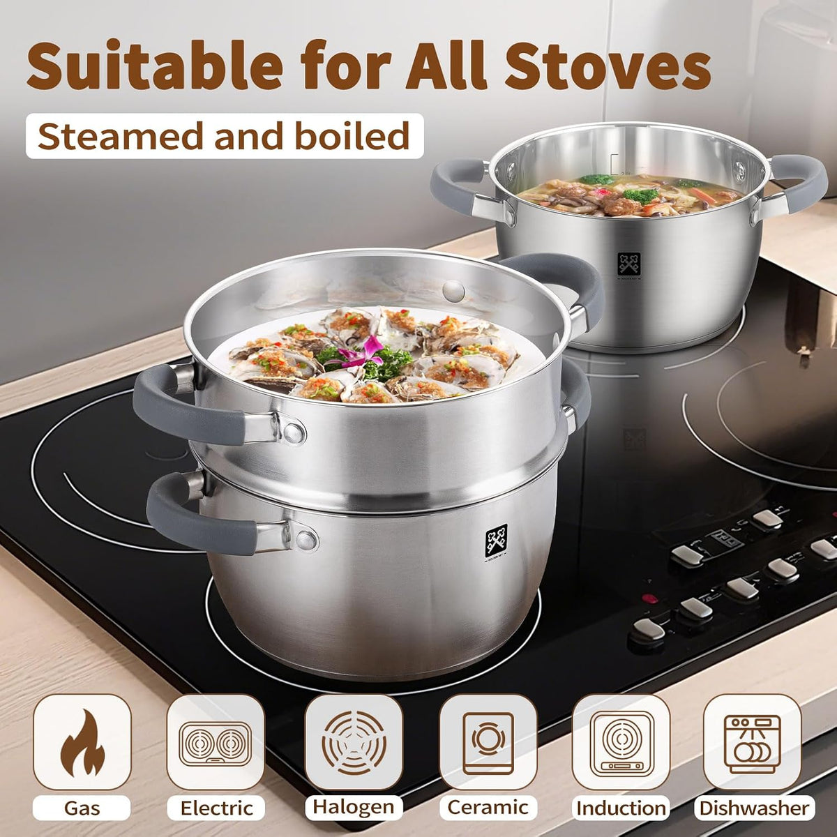 GOLDEN KEY 3.2 QT Steamer Pot With Lid - 2-Tier 18/8 Stainless Steel，Multipurpose Steaming Cookware with Vegetable Steam Basket, Oven & Dishwasher Safe, Triple Bottom for Even Heating, Perfect for Dumplings, Seafood and Vegetables