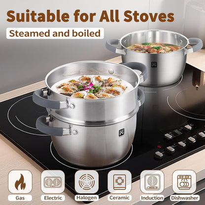 GOLDEN KEY 3.2 QT Steamer Pot With Lid - 2-Tier 18/8 Stainless Steel，Multipurpose Steaming Cookware with Vegetable Steam Basket, Oven & Dishwasher Safe, Triple Bottom for Even Heating, Perfect for Dumplings, Seafood and Vegetables
