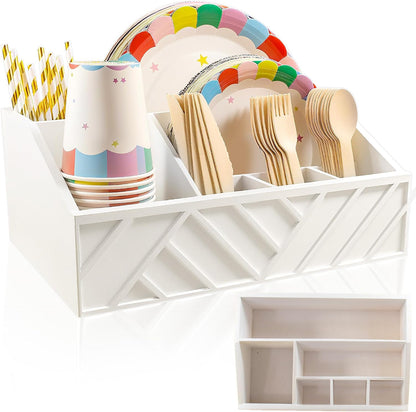 Paper Plate Dispenser with 6 Compartments – Wooden Utensil & Silverware Caddy Holder for Party, BBQ, Camping – Disposable Cutlery Organizer for Kitchen Countertop or Buffet Station, Black
