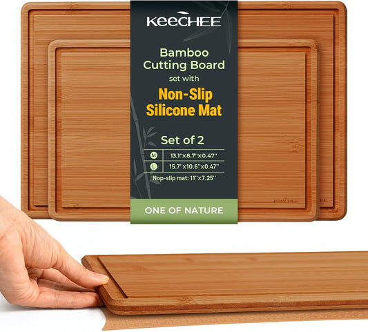Keechee Cutting Board with Non-slip Mat, Bamboo Cutting Board for Kitchen Meal Prep & Serving - Wood Serving Board Set with Deep Juice Groove Ideal Kitchen Gifts