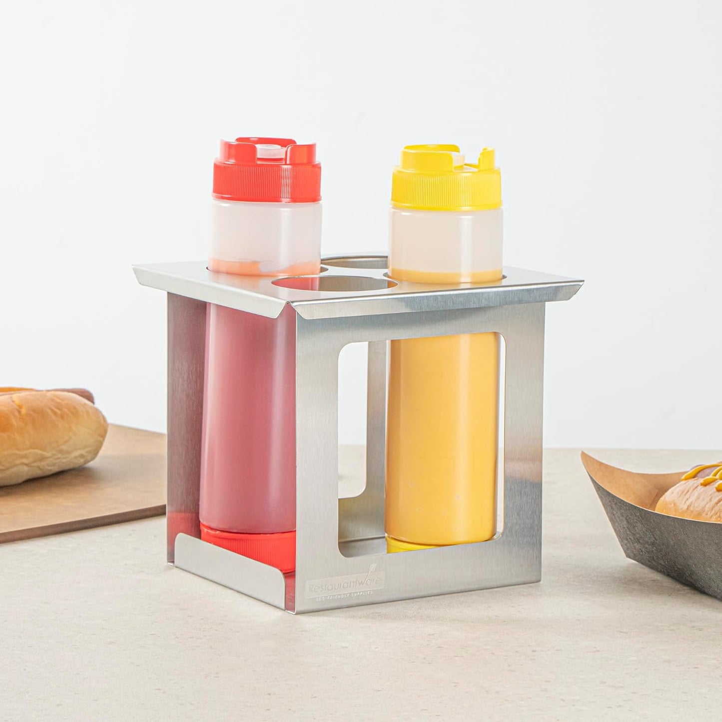 Restaurantware Stainless Steel Bottle Organizer - 1 Count - 6.299 x 7.087 x 0.394 Inches - Dishwasher-Friendly Condiment Holder - Kitchen Bottle Rack - Space-Saving Design - Silver