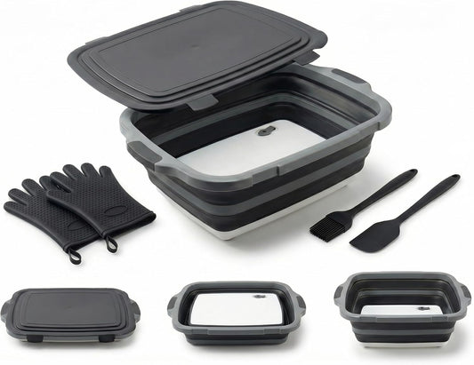 Collapsible BBQ Prep Tub with Lid & Cutting Board 16L - XL Meat Marinating Basin & Grill Carry System - 5pc Set with Heat Resistant Gloves, Basting Brush & Spatula (Black, Large, 16L)
