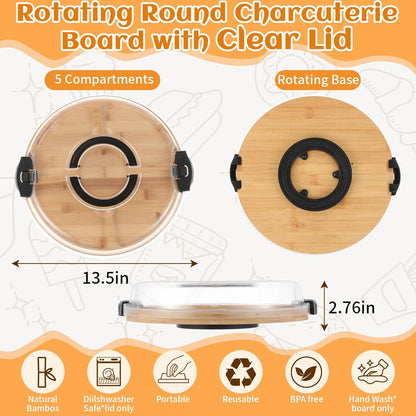 LemonRoad Rotating Charcuterie Board with Lid, 13.5 Inch Round Lazy Susan Cheese Board Portable Bamboo Serving Tray with Compartments, Housewarming Gift for Women Picnic Party Supplies