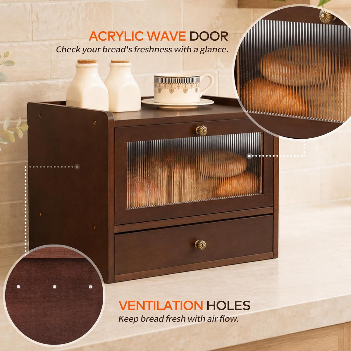 Solid Wood Bread Box with Pull-Out Bamboo Bread Slicer for Kitchen Counter