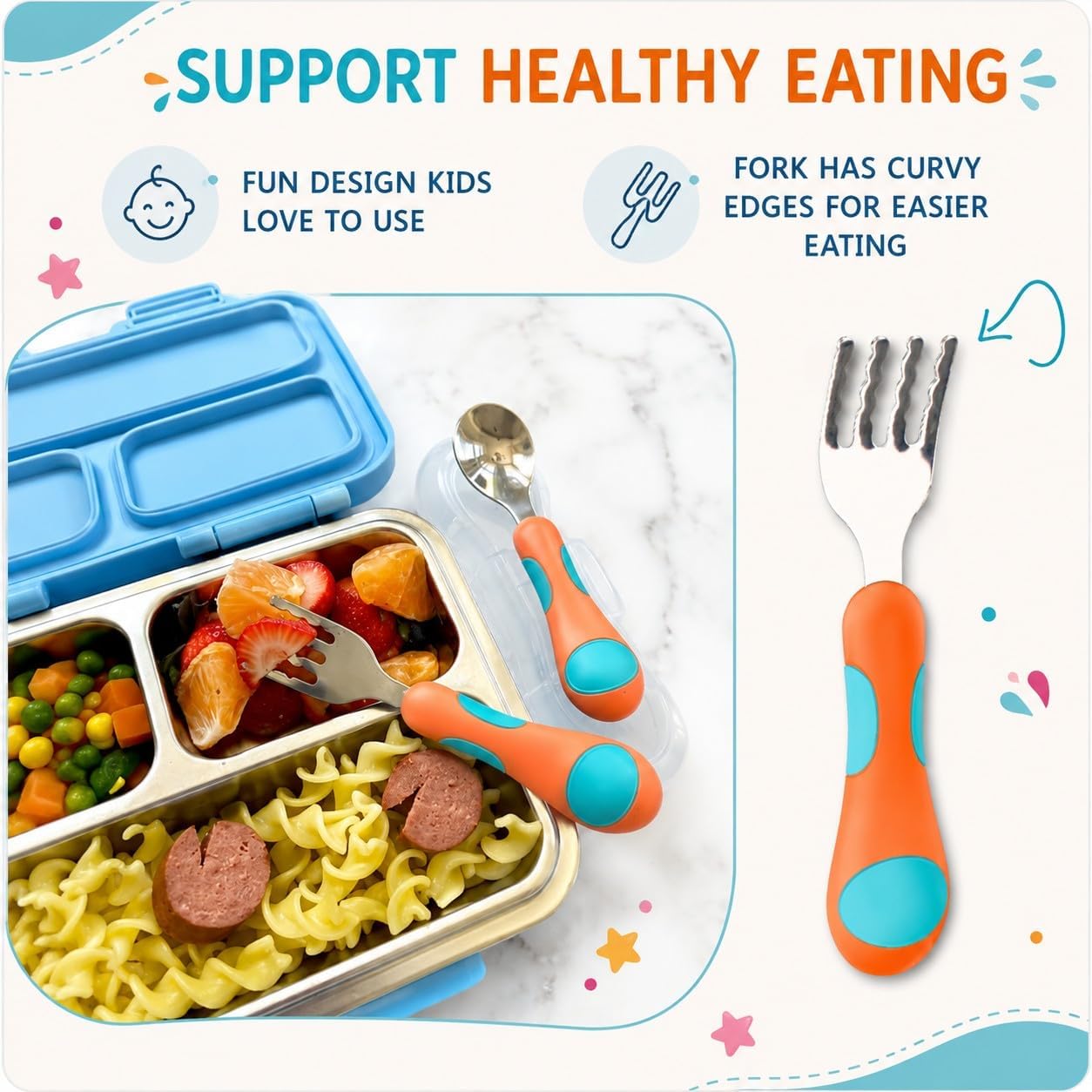 kinsho Toddler Utensils - Kids Silverware Set with Travel Case 3 pack - Stainless Steel Forks Spoons for 1 2 3 4 Years Old. Metal Lunch Box Cutlery for Children Girls, Round Handle, 6 Pieces Pink Blue