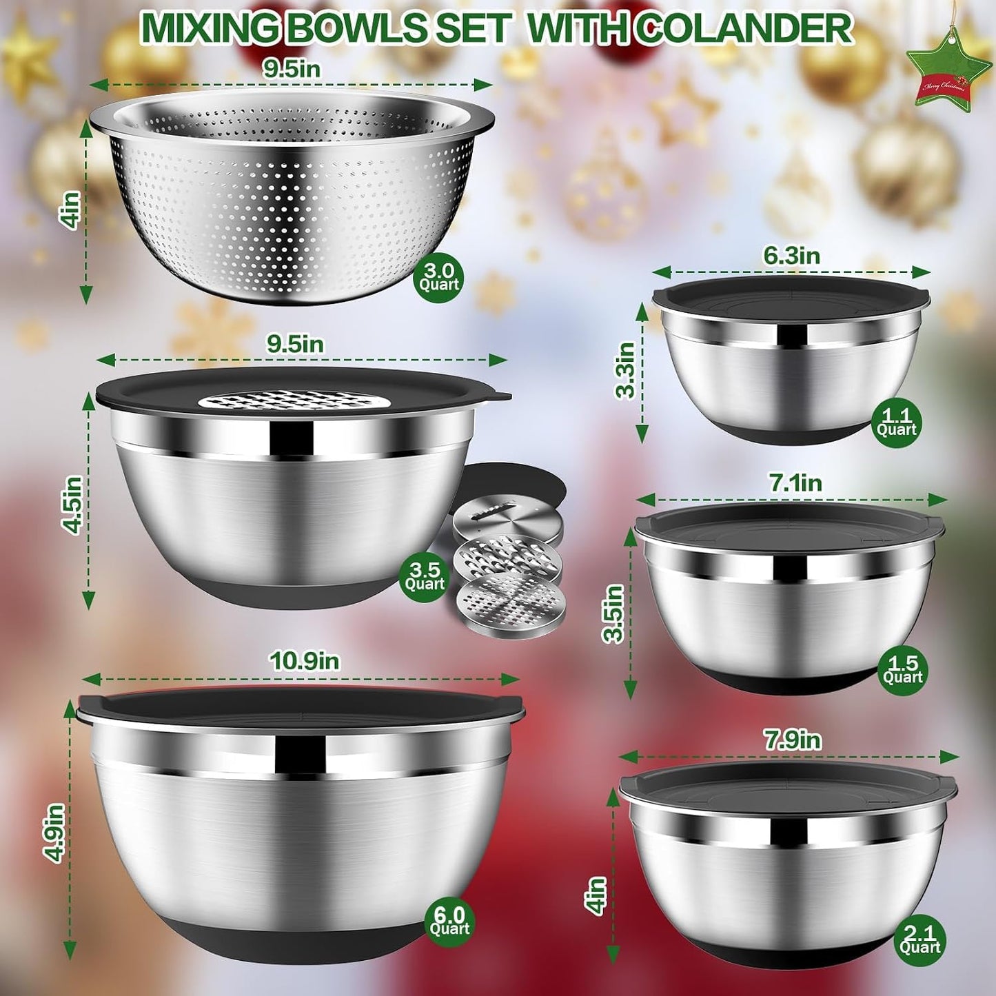 DUTZUN Mixing Bowls with Lids Set - 16pcs Stainless Steel Mixing Bowl Set with Colander, 3 Grater Attachments, Non-Slip Bottom, Metal Nesting Bowls with Strainer for Mixing & Serving - Black