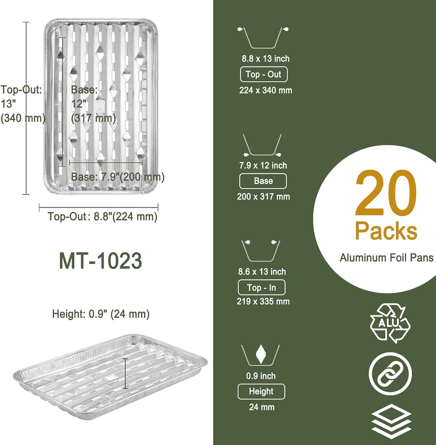Perforated Aluminum BBQ Grill Trays, 20 Pack, 13 x 8.6 Inch | Food Grade Foil, Disposable Design, Even Heat Flow, Ideal for Grilling Meat, Vegetables and Seafood