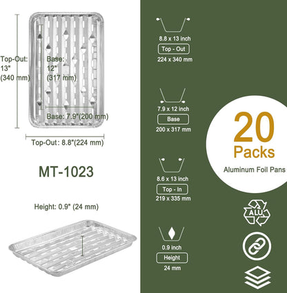 Perforated Aluminum BBQ Grill Trays, 20 Pack, 13 x 8.6 Inch | Food Grade Foil, Disposable Design, Even Heat Flow, Ideal for Grilling Meat, Vegetables and Seafood