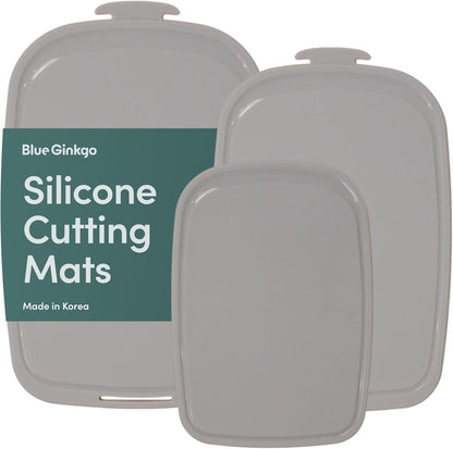 Blue Ginkgo Silicone Cutting Boards – Set of 3 (Small, Medium, Large) – Double-Sided, Thick, Flexible, Non-Slip, BPA Free – Juice Grooves, Dishwasher Safe (Made in Korea, Grey)
