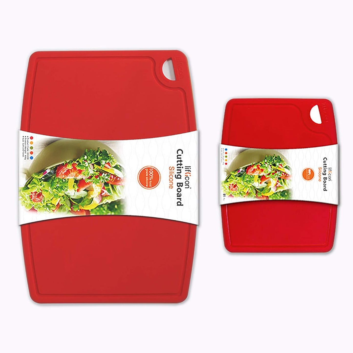 Liflicon Thick Cutting Boards for Kitchen Silicone Chopping Board Set of 2 Mid 12.6'' x 9.1”,Mini 9.1”x7.1” Non-slip Deep Drip Juice Groove Easy Grip Handle,Dishwasher Safe-Red
