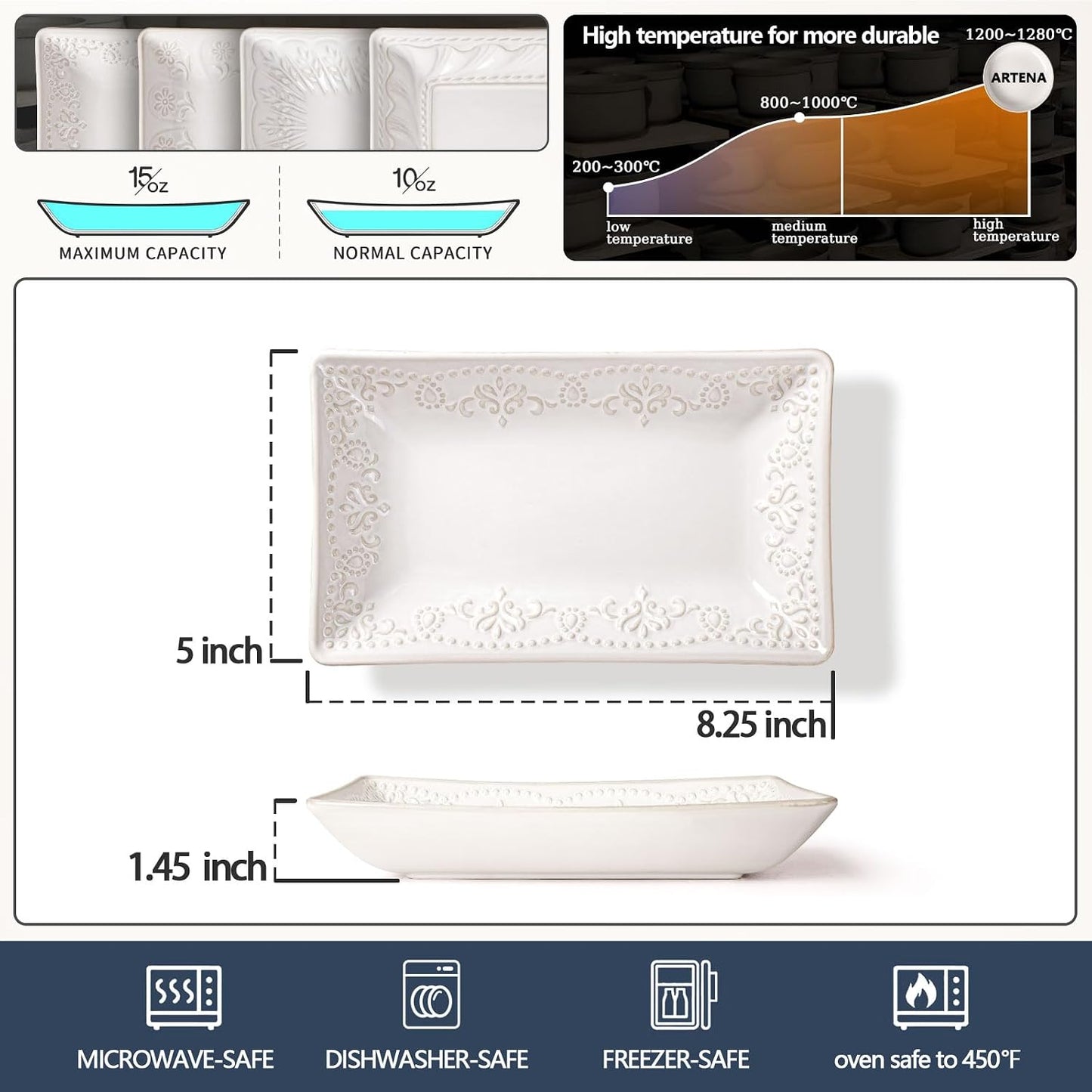 Artena 9.85" Ceramic Rectangle Plates Set of 4 - Deep Lipped Edges, Appetizer Salad Sushi Pasta Dessert Plates, Microwave/Oven Safe, Cute Kitchen Dinner Restaurant Serving Dishes (Wheat Leaf)