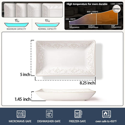 Artena 9.85" Ceramic Rectangle Plates Set of 4 - Deep Lipped Edges, Appetizer Salad Sushi Pasta Dessert Plates, Microwave/Oven Safe, Cute Kitchen Dinner Restaurant Serving Dishes (Wheat Leaf)