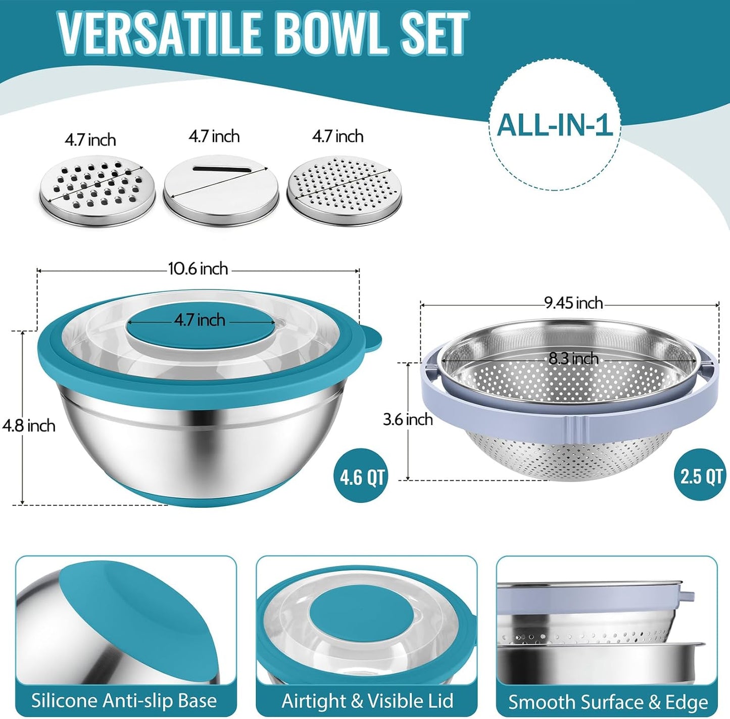 P&P CHEF 4-In-1 Stainless Steel Colander with Bowl Set, Rotatable Strainers for Kitchen, Fruit Cleaner, Washing Fruit & Draining Pasta, Mixing Bowl and Lid with Grater for Salad, Black