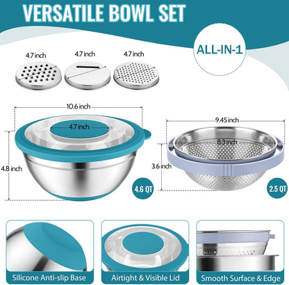 P&P CHEF 4-In-1 Stainless Steel Colander with Bowl Set, Rotatable Strainers for Kitchen, Fruit Cleaner, Washing Fruit & Draining Pasta, Mixing Bowl and Lid with Grater for Salad, Black