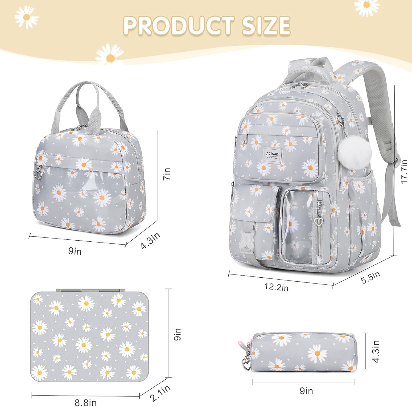 ACESAK Girls Backpack - Bento Box with Insulated Lunch Bag Pencil Case & Utensils Set for Kids, 6 Leakproof Compartments Removable Tray Lunches or Snack Container for School (Gray Daisy)