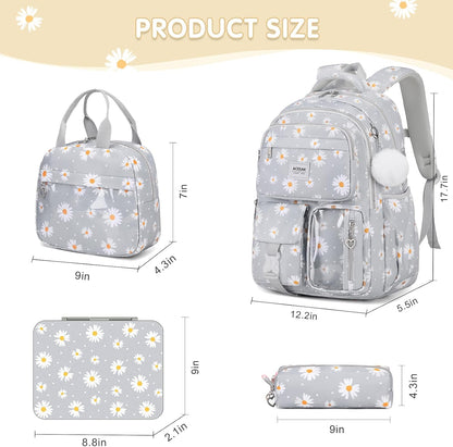 ACESAK Girls Backpack - Bento Box with Insulated Lunch Bag Pencil Case & Utensils Set for Kids, 6 Leakproof Compartments Removable Tray Lunches or Snack Container for School (Gray Daisy)