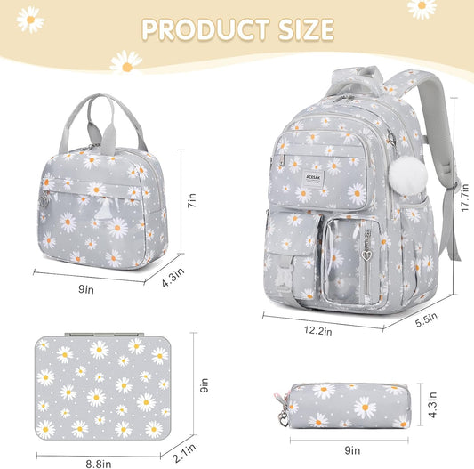ACESAK Girls Backpack - Bento Box with Insulated Lunch Bag Pencil Case & Utensils Set for Kids, 6 Leakproof Compartments Removable Tray Lunches or Snack Container for School (Gray Daisy)
