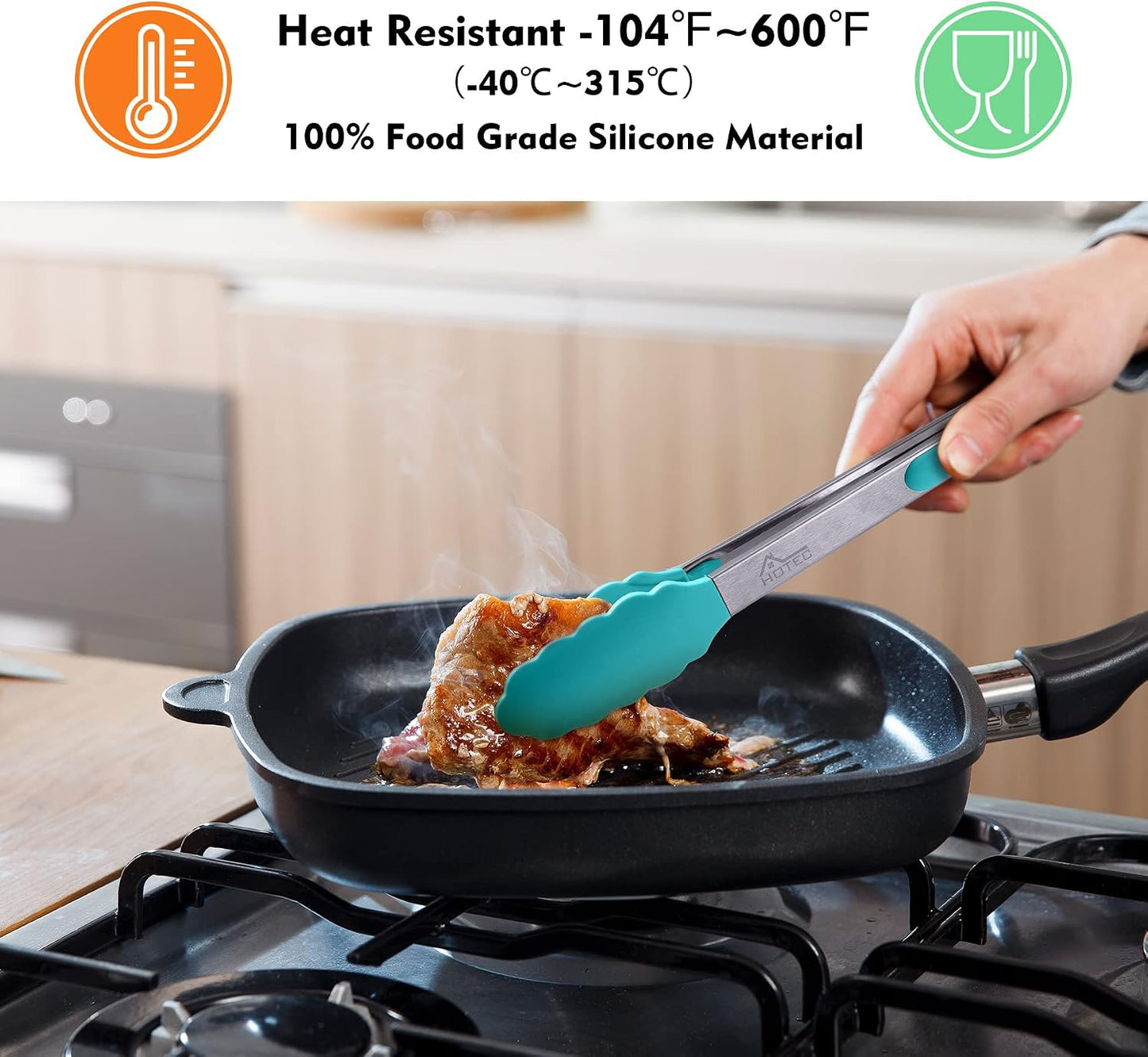 HOTEC Premium Stainless Steel Locking Kitchen Tongs with Silicon Tips, Set of 2-9" and 12"