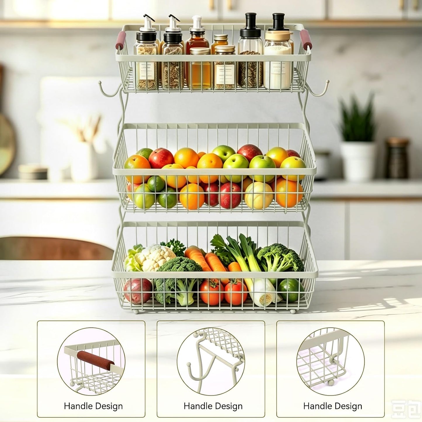 2-Tier Stackable Wire Basket with 2 Banana Hooks, Pantry Organizer for Kitchen Countertops, Cabinets & Under-Sink Spaces; Ideal for Storing Snacks, Fruits, Veggies, Onions, Potatoes, & More,Black