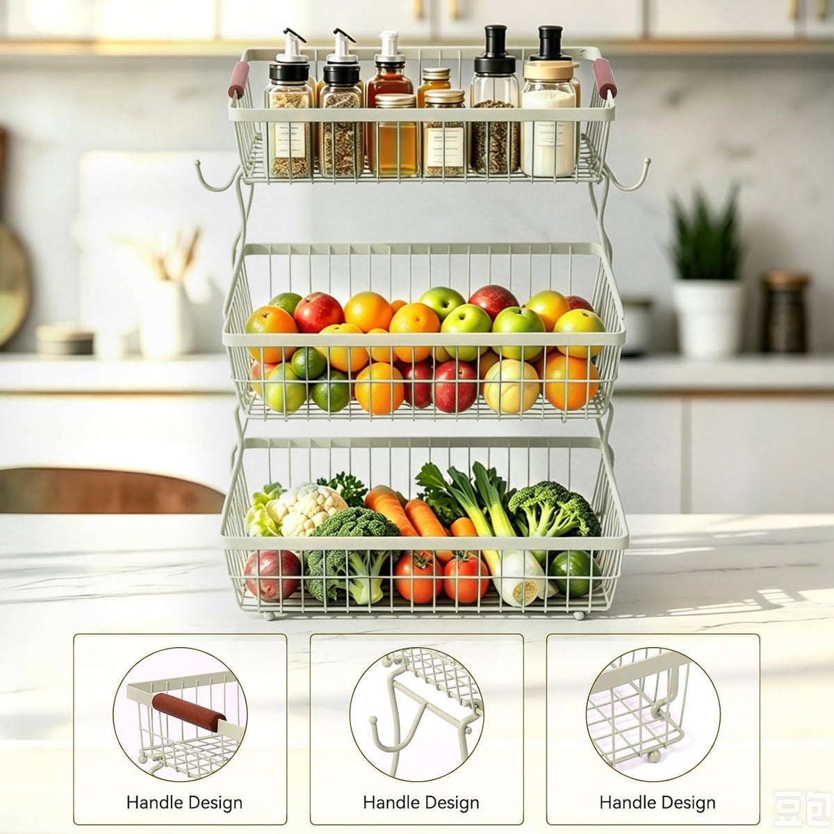 2-Tier Stackable Wire Basket with 2 Banana Hooks, Pantry Organizer for Kitchen Countertops, Cabinets & Under-Sink Spaces; Ideal for Storing Snacks, Fruits, Veggies, Onions, Potatoes, & More,Black