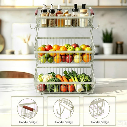 2-Tier Stackable Wire Basket with 2 Banana Hooks, Pantry Organizer for Kitchen Countertops, Cabinets & Under-Sink Spaces; Ideal for Storing Snacks, Fruits, Veggies, Onions, Potatoes, & More,Black