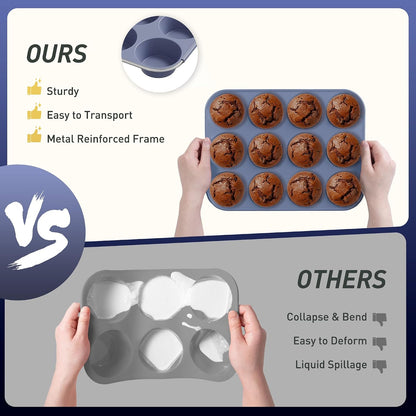 2 Pack 12 Cups Silicone Muffin Pan with Metal Reinforced Frame Regular Size Silicone Molds Cupcake Cake Baking Pans Cookie Baking Chocoflan Cupcake Mold Nonstick Muffin Tin Home Baking Supplies