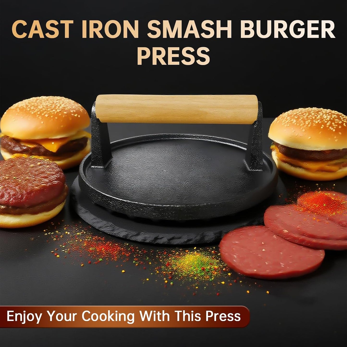 Burger Press Patty Maker Stainless Steel Hamburger Patty Press Mold Wood Handle Non-Stick with 100 Patty Papers,BBQs, and Cooking – Perfect for Flattening Patties and Searing Juicy Burgers