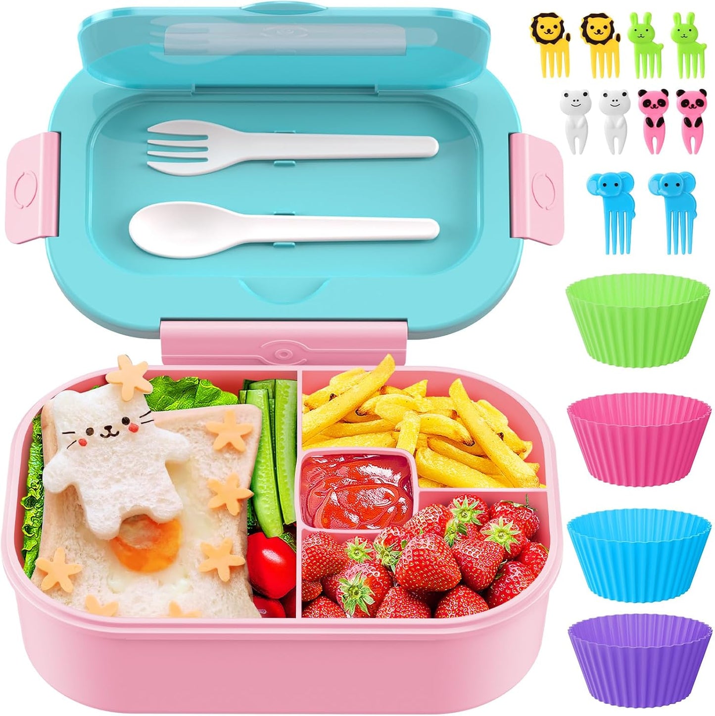 Lunch Box Kid Adult Bento Box, 4-Compartment Food Lunch Containers with Fork & Spoon, BPA Free, Leak-Proof Bento-Style Lunch Box for Work School, Microwave & Dishwasher Safe (Candy)