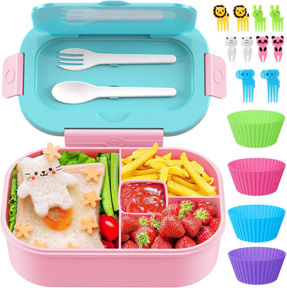 Lunch Box Kid Adult Bento Box, 4-Compartment Food Lunch Containers with Fork & Spoon, BPA Free, Leak-Proof Bento-Style Lunch Box for Work School, Microwave & Dishwasher Safe (Candy)