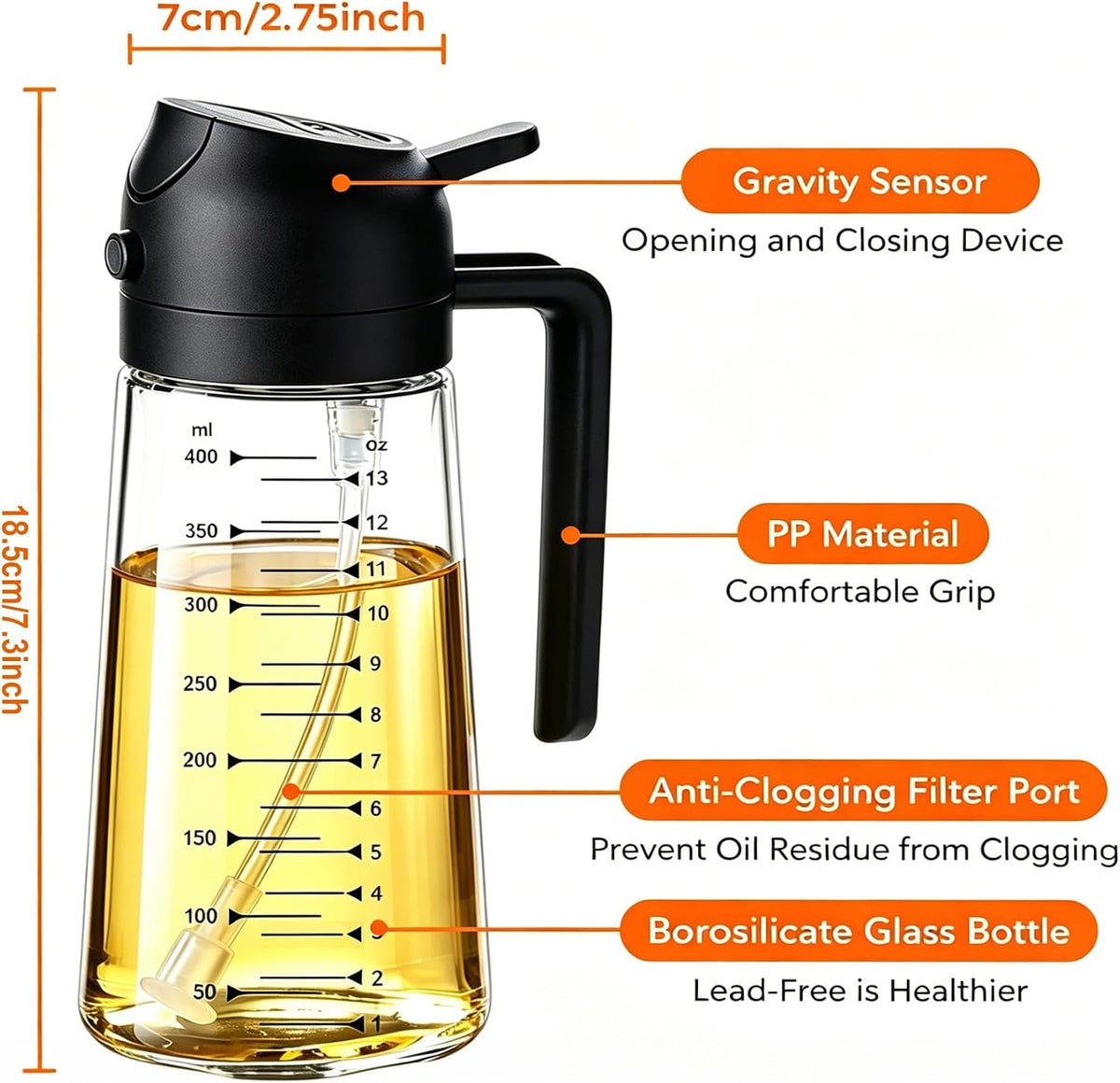 AT-VALY 2-in-1 Oil Sprayer for Cooking, 16oz Glass Oil Dispenser, Black