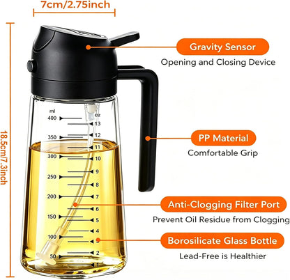 AT-VALY 2-in-1 Oil Sprayer for Cooking, 16oz Glass Oil Dispenser, Black