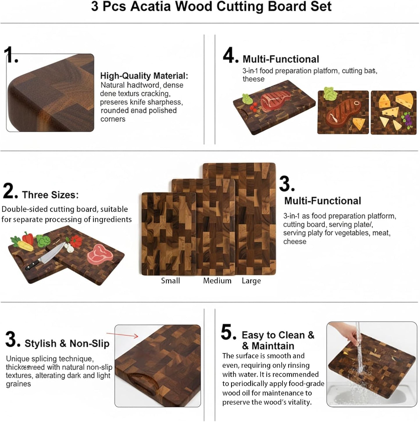 Premium 3-Piece End-Grain Cutting Board Set, Wooden Cutting Boards for Kitchen, Reversible Chopping Board, Built-In Handles, Knife-Friendly,Durable Butcher Block for Kitchen Prep & Charcuterie Serving