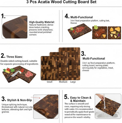 Premium 3-Piece End-Grain Cutting Board Set, Wooden Cutting Boards for Kitchen, Reversible Chopping Board, Built-In Handles, Knife-Friendly,Durable Butcher Block for Kitchen Prep & Charcuterie Serving