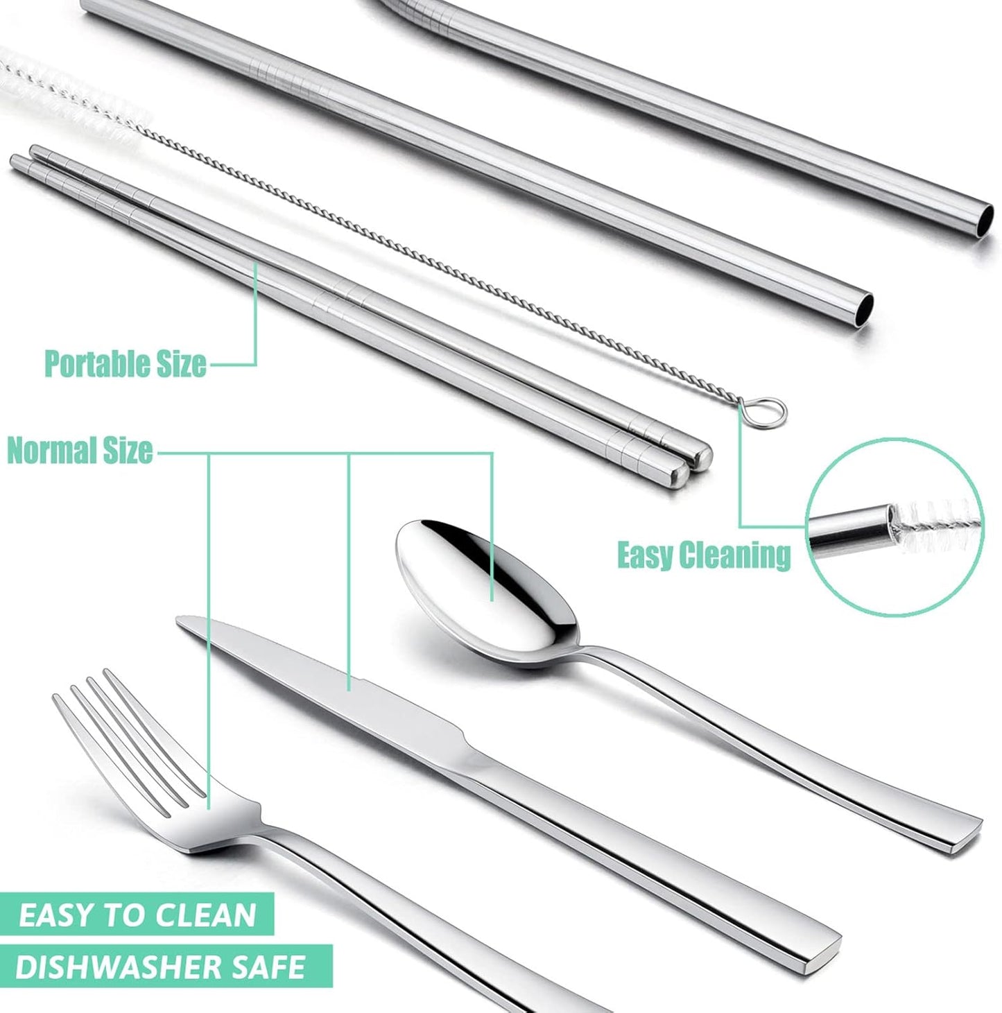 HaWare Portable Travel Utensils with Case, Stainless Steel Silverware Set for Camping Office School Lunch, Including Knife Fork Spoon Chopsticks, Reusable and Dishwasher Safe(Green)