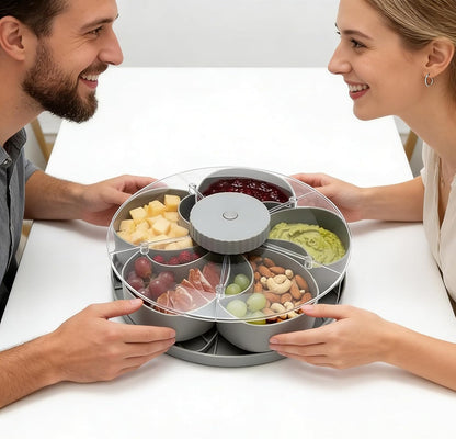 Divided Serving Tray that Spins, Divided Spin and Snack Snack Spinner with Lid, Snackle Box Container, Rotating Lazy Susan Multi-Compartment Tray for Fruit, Nuts, Candy, Party & Picnic (Grey)