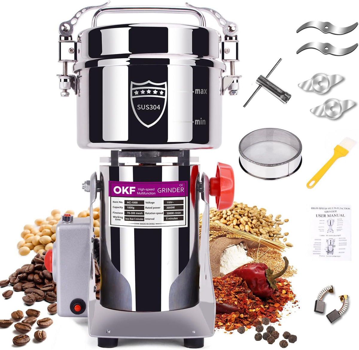 150g Grain Mill, 304 Stainless Steel Spice Grinder, 1500W High-speed Commercial Flour Mill, Superfine Flour Mill Grinder for Home, Grain Mill for Flour