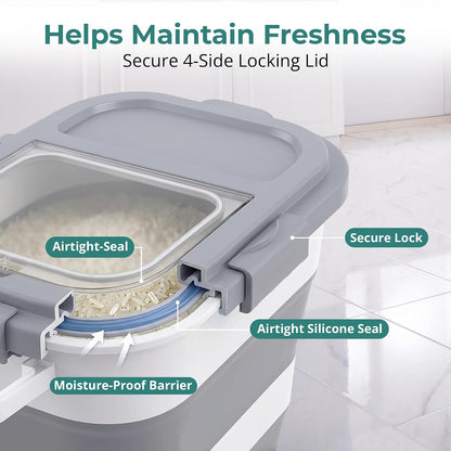 Home & Hearthly Collapsible Rice Storage Container 25–35 lbs, Airtight, Space-Saving Food Storage Bin with Wheels and Measuring Cup, Easy-Pour Grain Dispenser for Rice, Flour and Pet Food